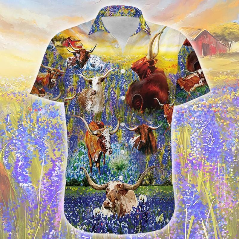 Felacia [Hawaii Shirt] Amazing Texas Longhorn In Bluebonnets Unisex Hawaiian Aloha Shirts-ZX2280
